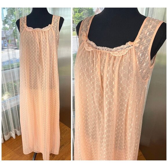 Vintage 60s night dress, peach double layers sleeveless nightgown - Picture 8 of 8